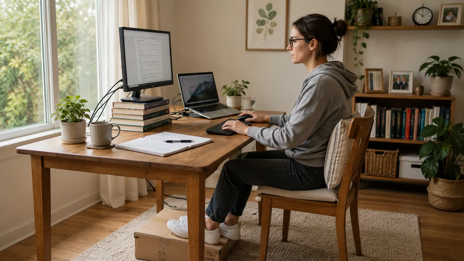 Simple ergonomic home office setup using books, a cushion, and a footrest without buying new furniture