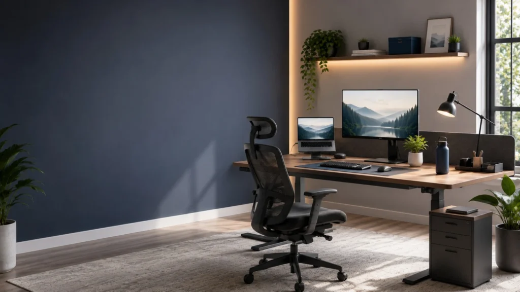 Modern ergonomic home office workspace with an office chair, monitor, and minimalist desk setup.
